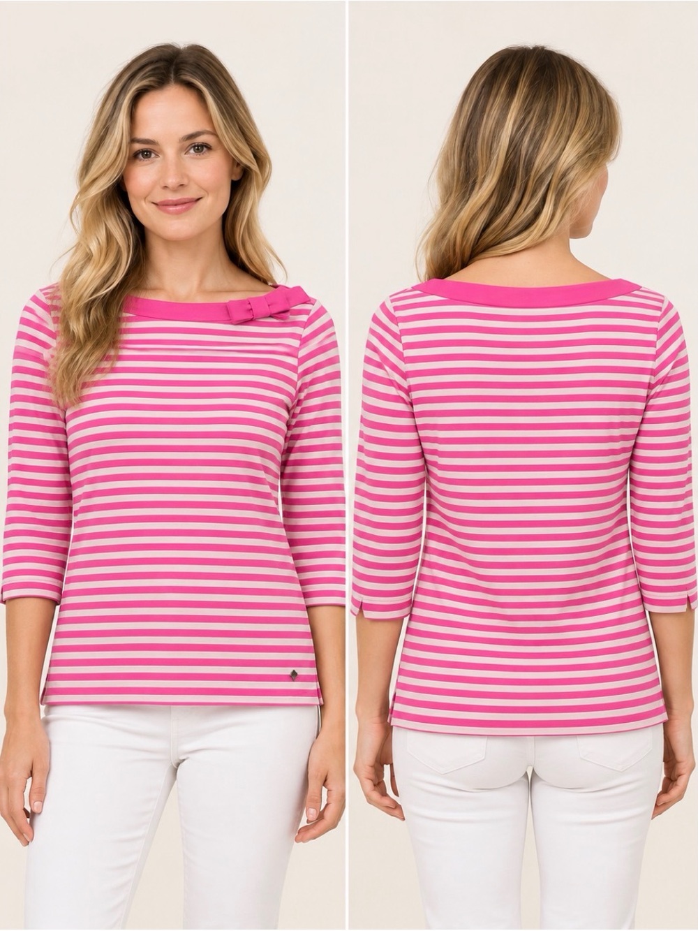 Kate Spade New York Pink Striped Bow Boatneck 3/4 Sleeve Top XS